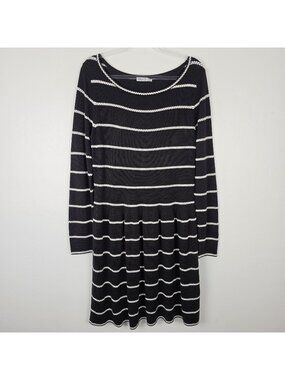 Eliza J Knit Dress A-Line Long Sleeve Striped Sweater Dress Black White Size L